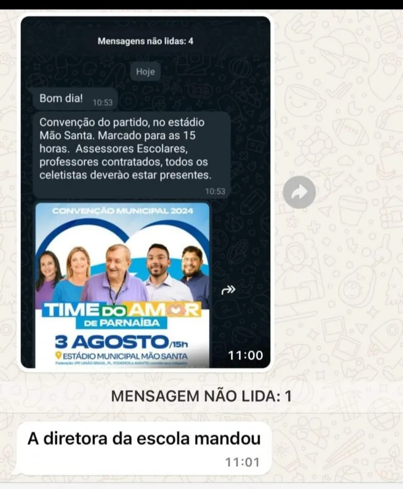 Diretora de Escola de municipal de Parnaíba obriga funcionários a participar de convenção de Francisco Emanuel